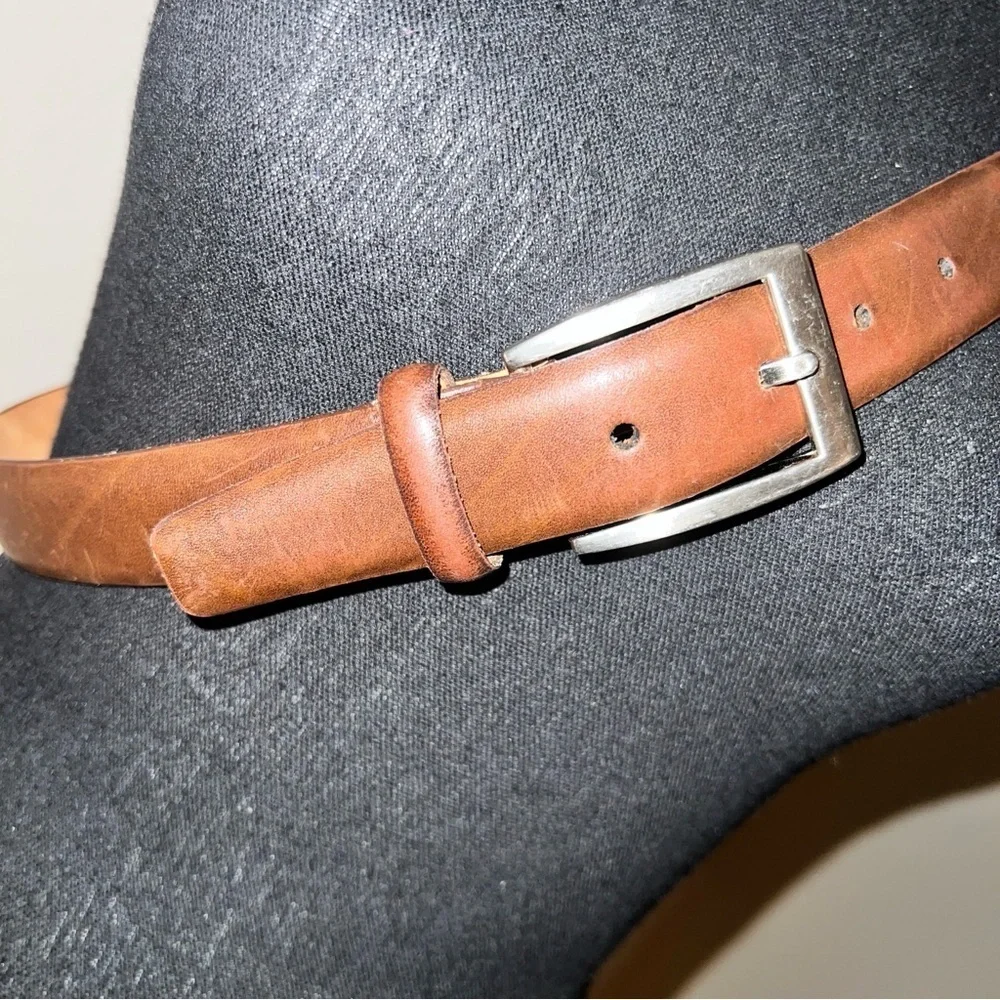 Jos. A Bank Men’s Brown Leather Dress Belt with Brushed Silver Square Buckle 38